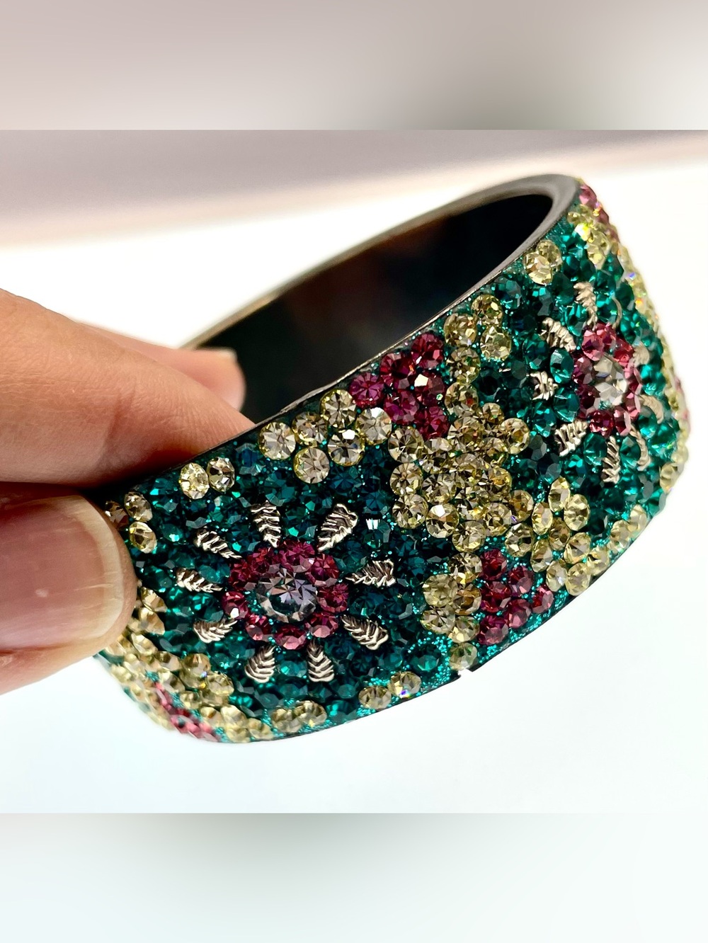 Vintage Rhinestone Crystal Floral Cuff Bracelet Wide Multicolor Statement - Picture 6 of 10